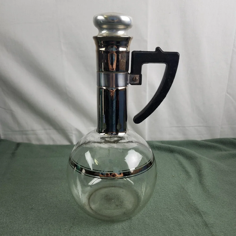 Vintage Inland Glass Carafe MCM Coffee 2‎ Cup Silver Tone w/Stopper Bakelite